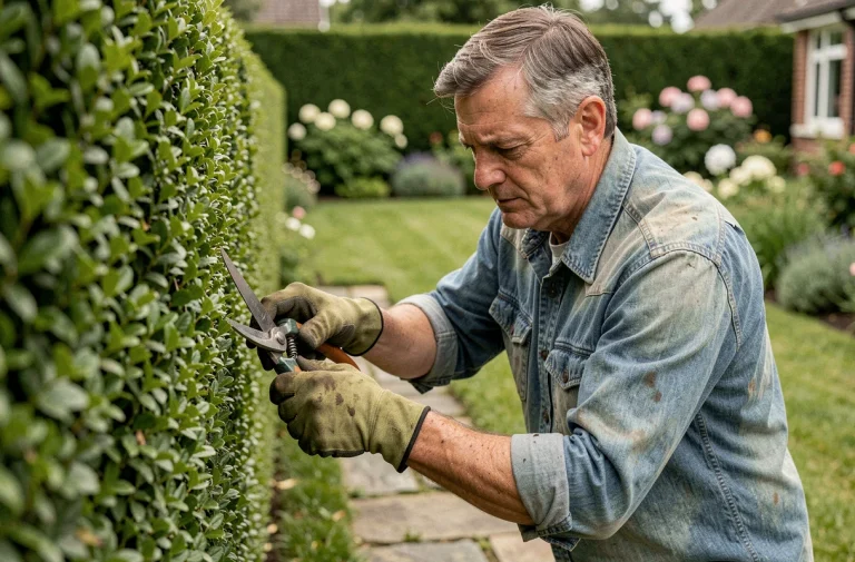 Jardinier expérimenté taillant une haie de buis avec des cisailles manuelles dans un jardin soigné