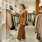 Femme trendy parcourant les dernières tendances mode dans une boutique parisienne contemporaine