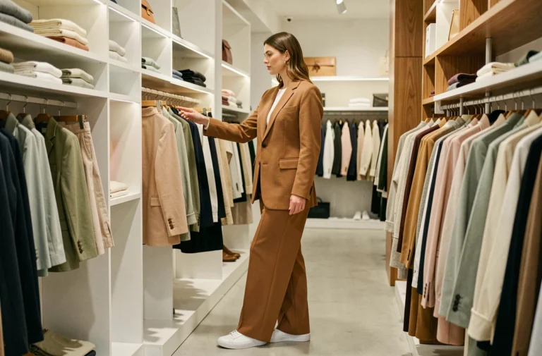 Femme trendy parcourant les dernières tendances mode dans une boutique parisienne contemporaine