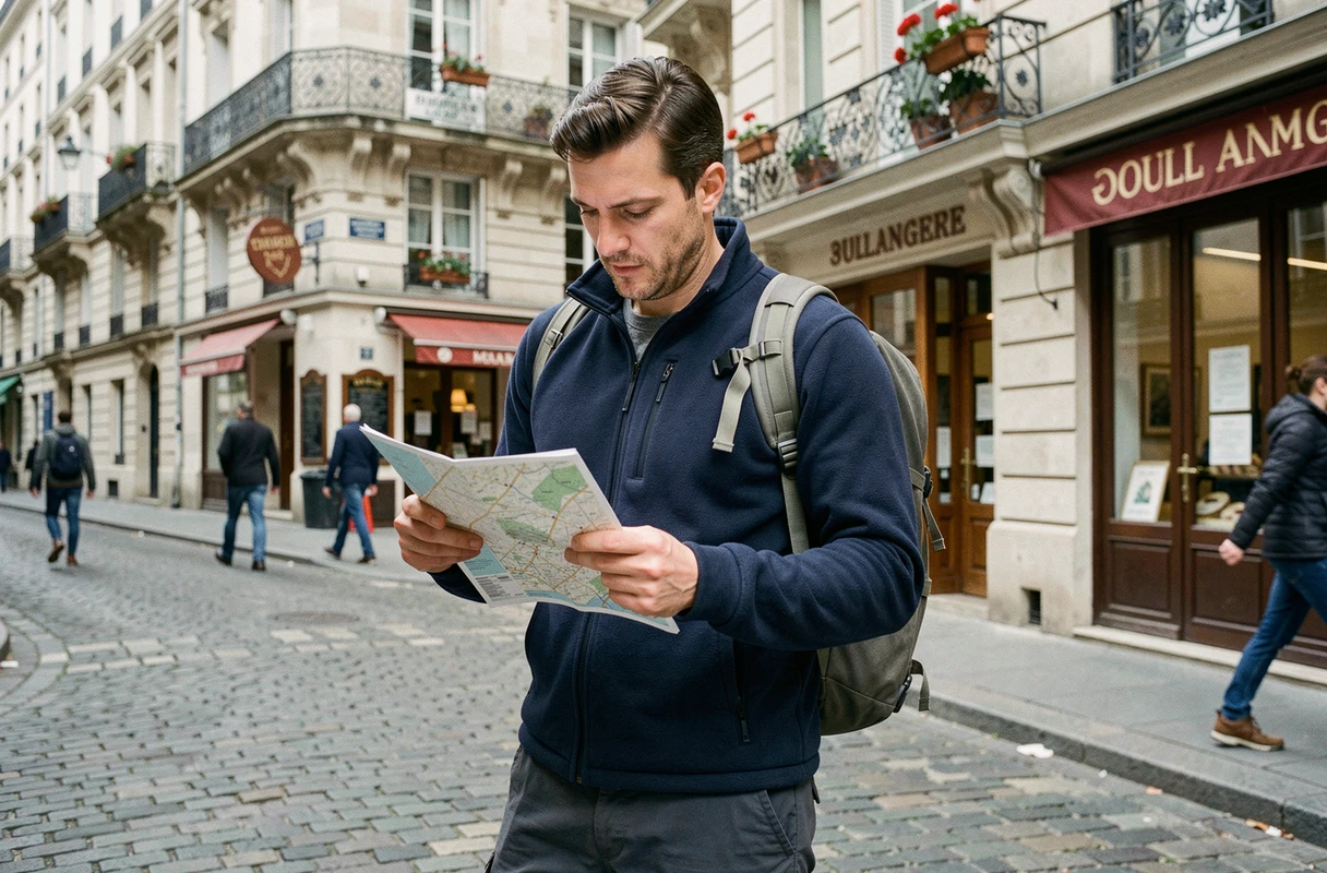 Touriste explorant les rues historiques du Marais à Paris avec une carte en papier