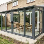 Véranda en kit adossée à une maison avec structure en aluminium anthracite et parois en verre trempé installée sur une terrasse carrelée