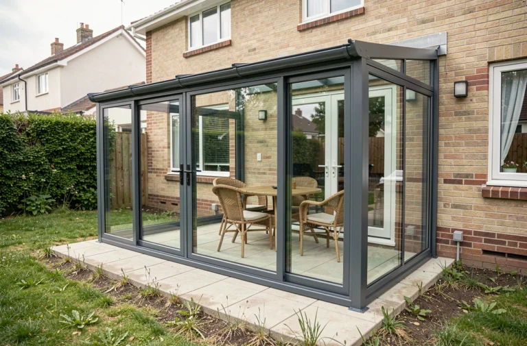 Véranda en kit adossée à une maison avec structure en aluminium anthracite et parois en verre trempé installée sur une terrasse carrelée