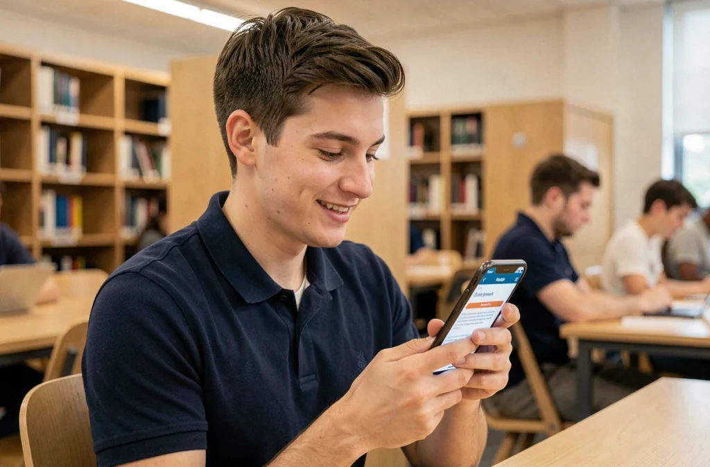 Jeune homme vérifiant son résultat au code de la route sur smartphone dans une bibliothèque universitaire
