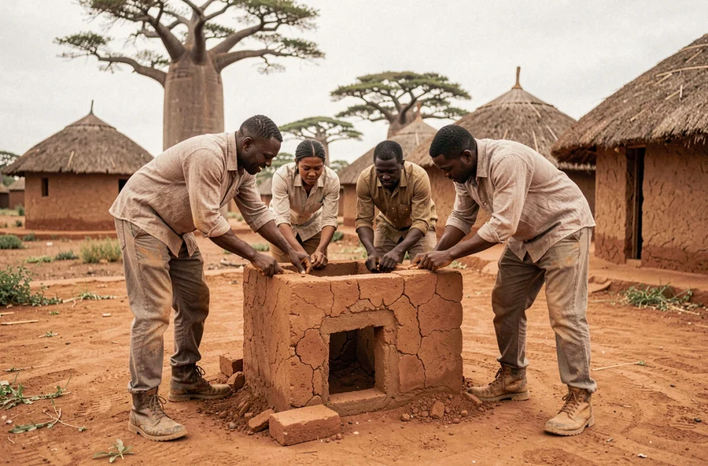 Groupe de volontaires internationaux construisant une maison en argile dans un village rural d'Afrique de l'Ouest lors d'un séjour solidaire