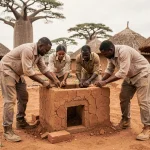 Groupe de volontaires internationaux construisant une maison en argile dans un village rural d'Afrique de l'Ouest lors d'un séjour solidaire