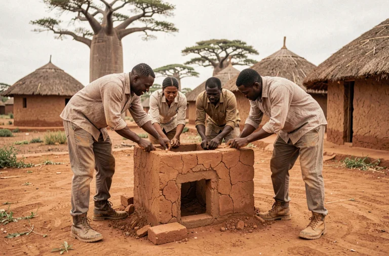 Groupe de volontaires internationaux construisant une maison en argile dans un village rural d'Afrique de l'Ouest lors d'un séjour solidaire