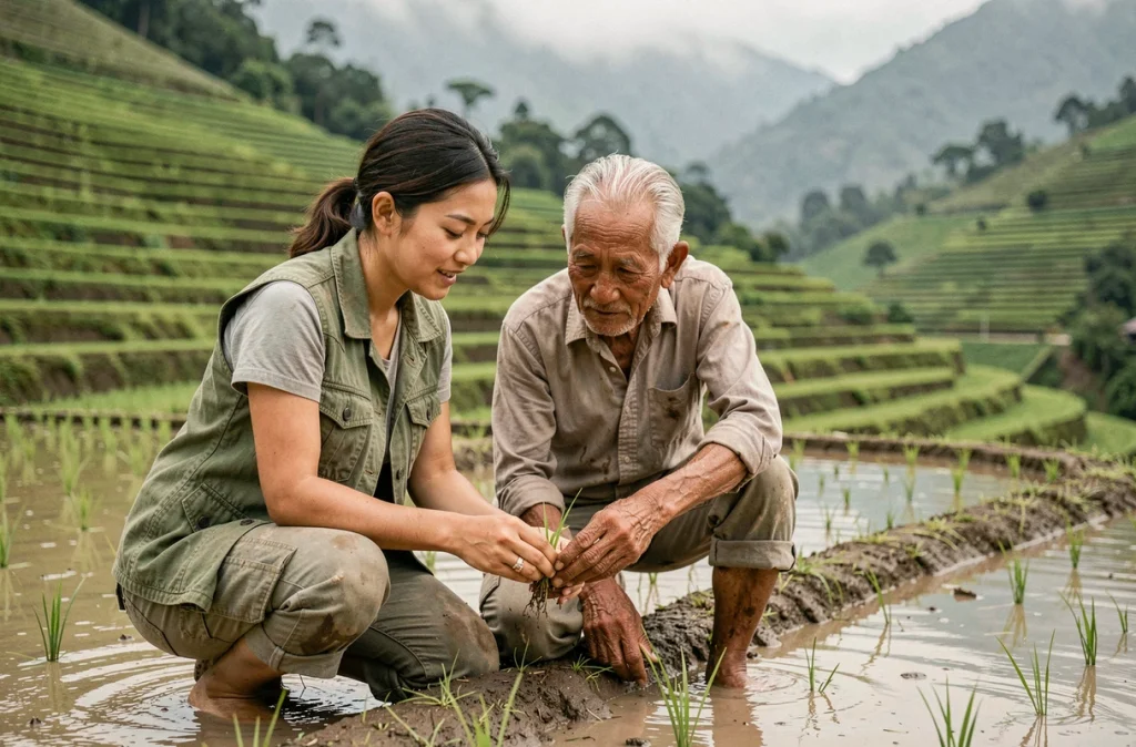 Jeune voyageuse solidaire et agriculteur local inspectant des plants de riz dans les rizières en terrasses d'Asie du Sud-Est