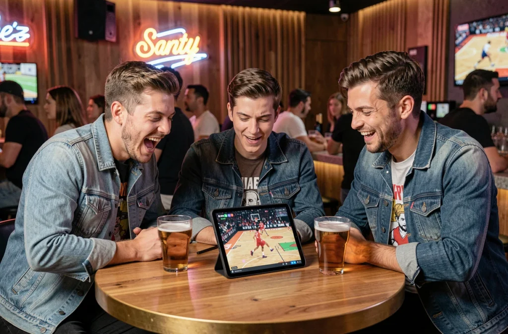 Groupe d'amis regardant un match de basket en direct sur une tablette dans un bar sportif animé