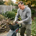 Homme utilisant le broyeur de végétaux Bosch AXT 25 TC dans un jardin résidentiel en automne