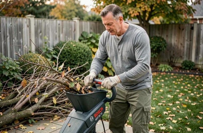 Homme utilisant le broyeur de végétaux Bosch AXT 25 TC dans un jardin résidentiel en automne