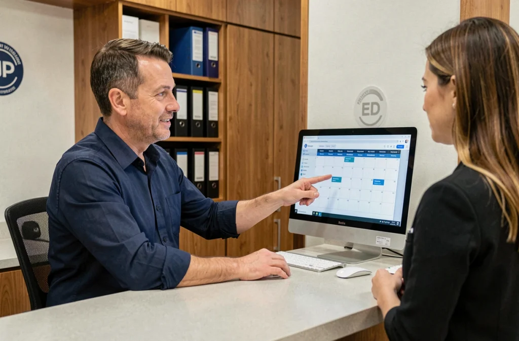 Professionnel montrant un calendrier de réservation en ligne à une cliente dans une réception de petite entreprise