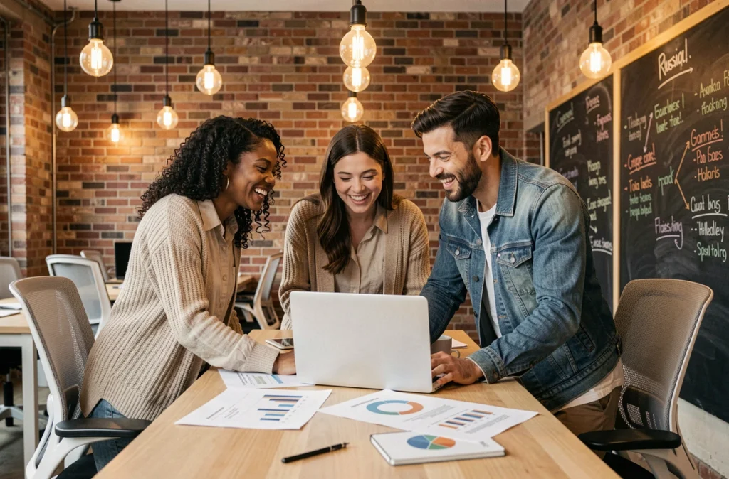 Groupe de professionnels collaborant autour d'un ordinateur portable dans un espace de coworking pour développer leur carrière