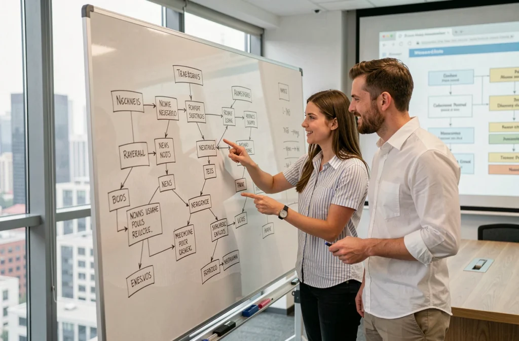 Deux collègues collaborant sur un sitemap de portail d'actualités inscrit au tableau blanc