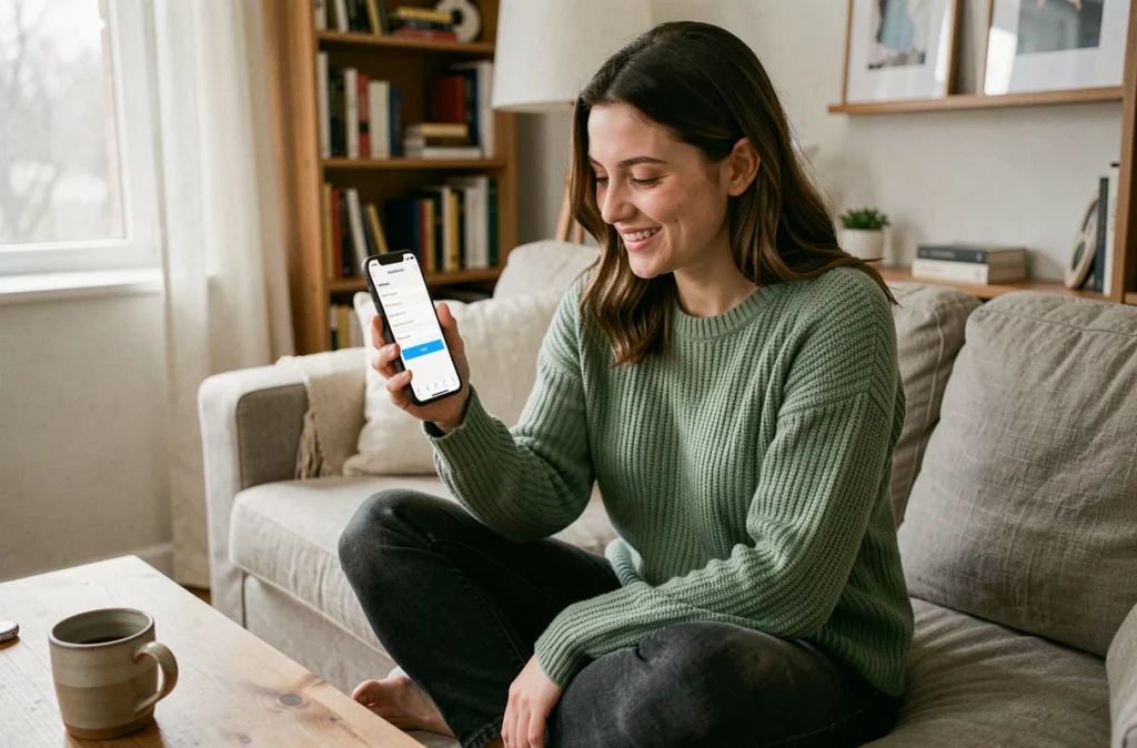 Jeune femme souriante confirmant un rendez-vous en ligne sur smartphone depuis son salon à domicile