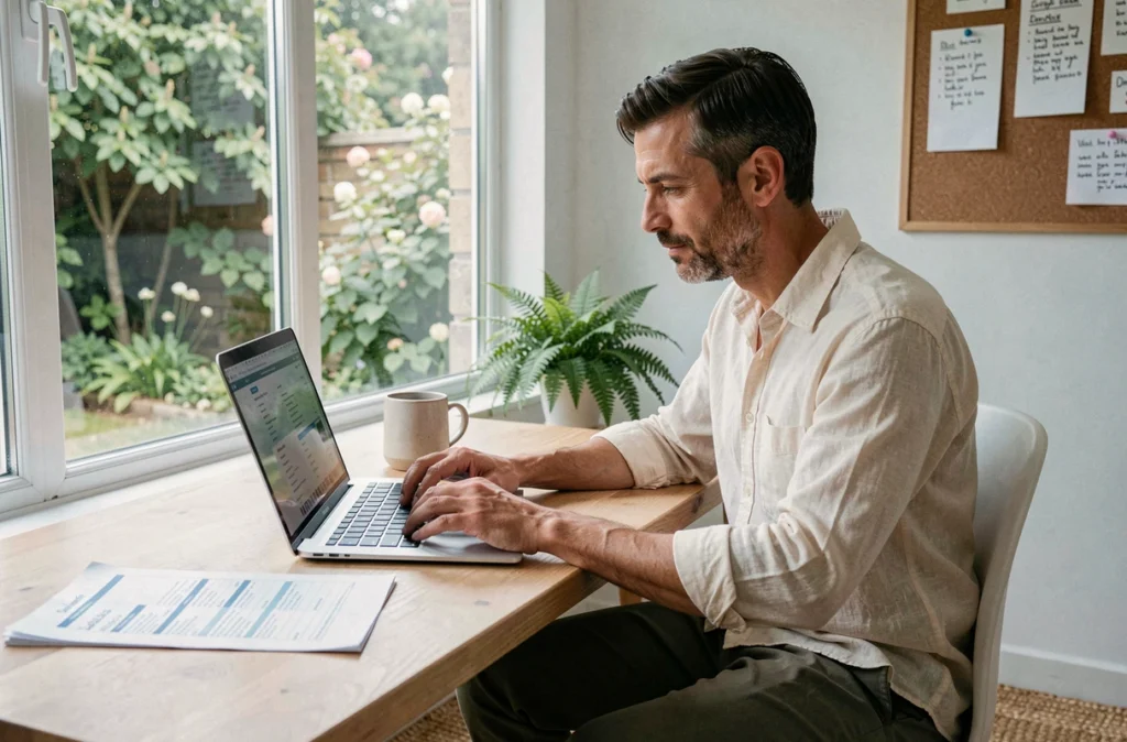 Homme assis à un bureau en bois rédigeant un email pour contacter une équipe de yoga et bien-être depuis son espace de travail