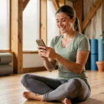 Femme pratiquante de yoga assise en tailleur dans un studio, souriante en consultant son smartphone pour contacter une équipe bien-être