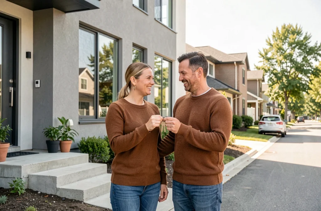 Couple tenant des clés devant leur nouvel investissement immobilier résidentiel en banlieue