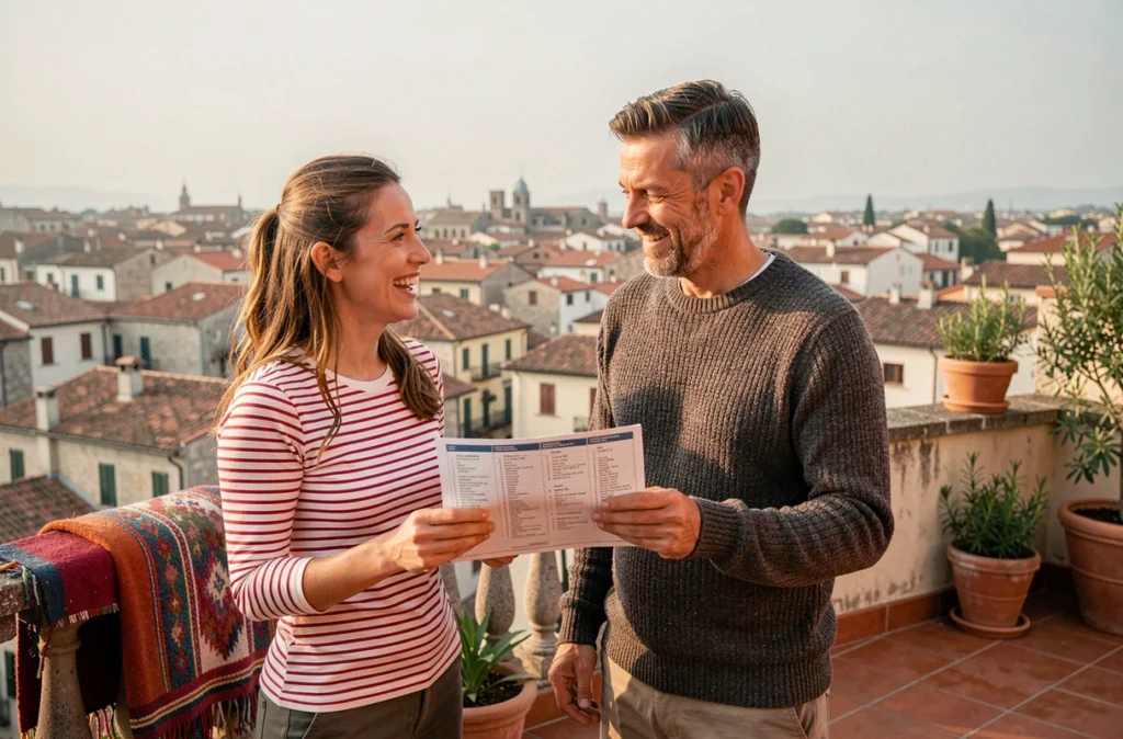 Couple de voyageurs planifiant leurs hébergements sur une terrasse avec vue sur une vieille ville méditerranéenne lors d'un tour du monde