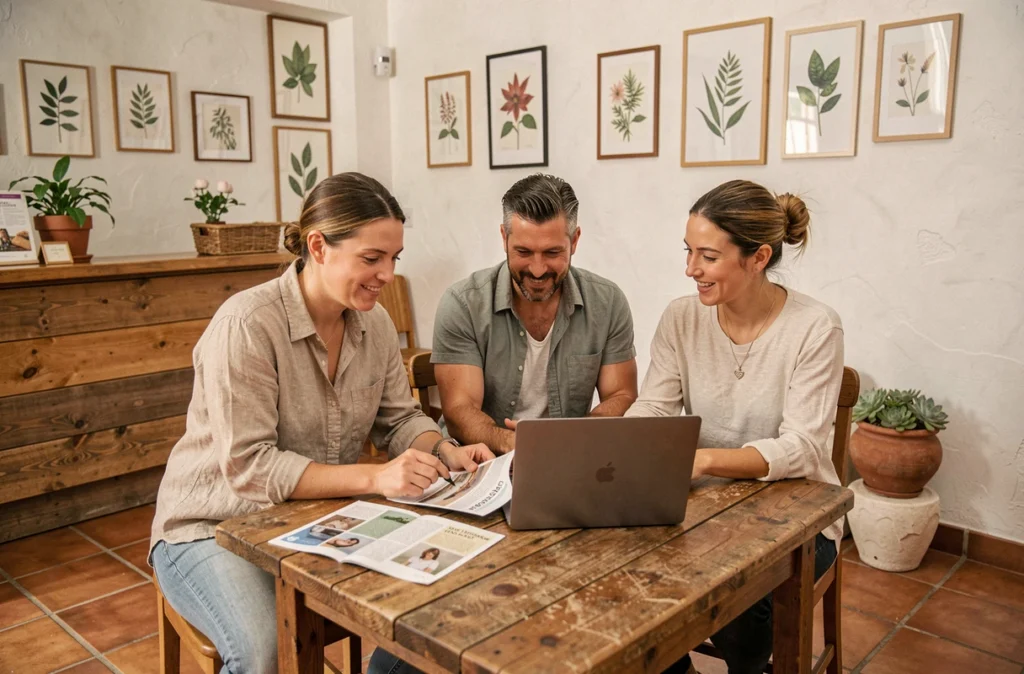 Équipe de professeurs de yoga discutant ensemble autour d'une table dans un espace d'accueil d'un centre de bien-être