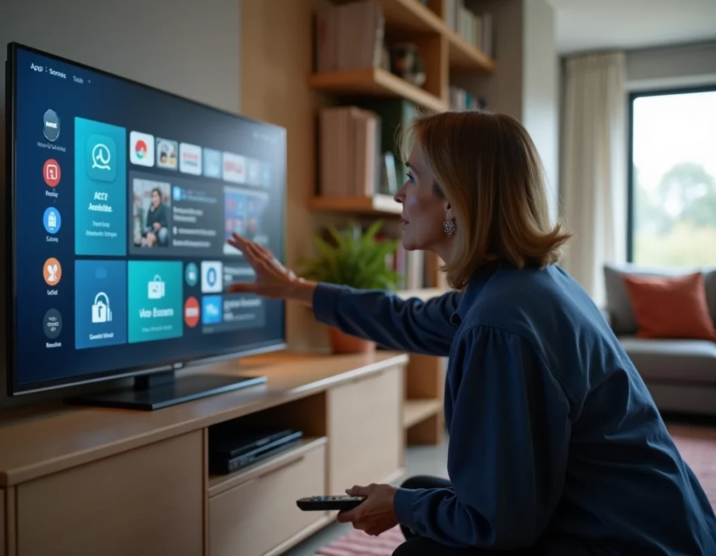 Femme naviguant dans un store d'applications sur une smart TV pour installer une application IPTV