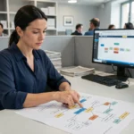 Femme journaliste analysant un sitemap imprimé dans une salle de rédaction moderne