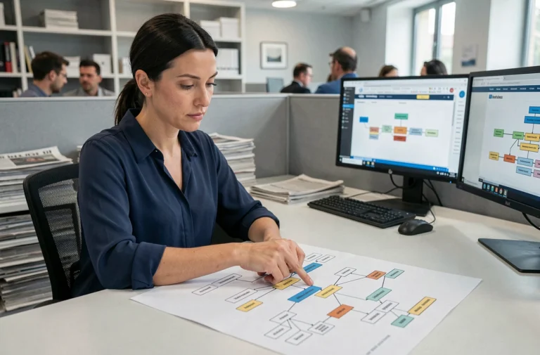 Femme journaliste analysant un sitemap imprimé dans une salle de rédaction moderne