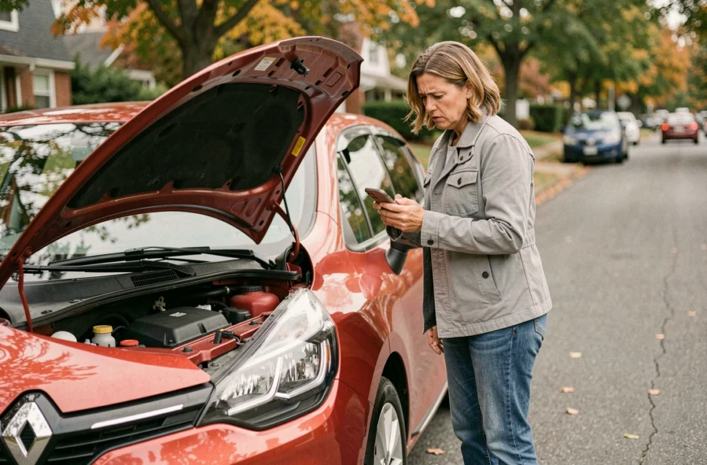 Femme en panne sur le bord de la route avec une Renault Clio 3 et voyant moteur allumé
