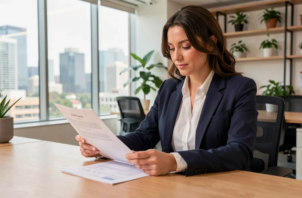 Femme professionnelle en blazer marine révisant son CV dans un bureau moderne pour booster sa carrière