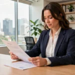 Femme professionnelle en blazer marine révisant son CV dans un bureau moderne pour booster sa carrière