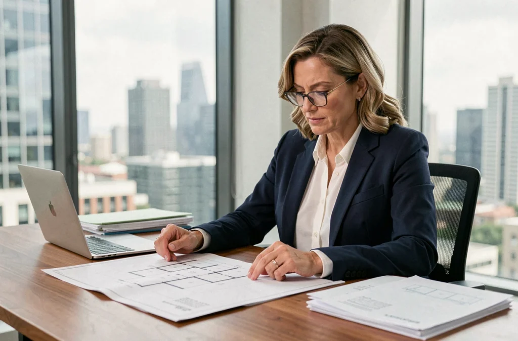 Femme professionnelle analysant des documents immobiliers dans un bureau moderne en 2024