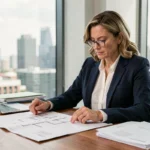 Femme professionnelle analysant des documents immobiliers dans un bureau moderne en 2024