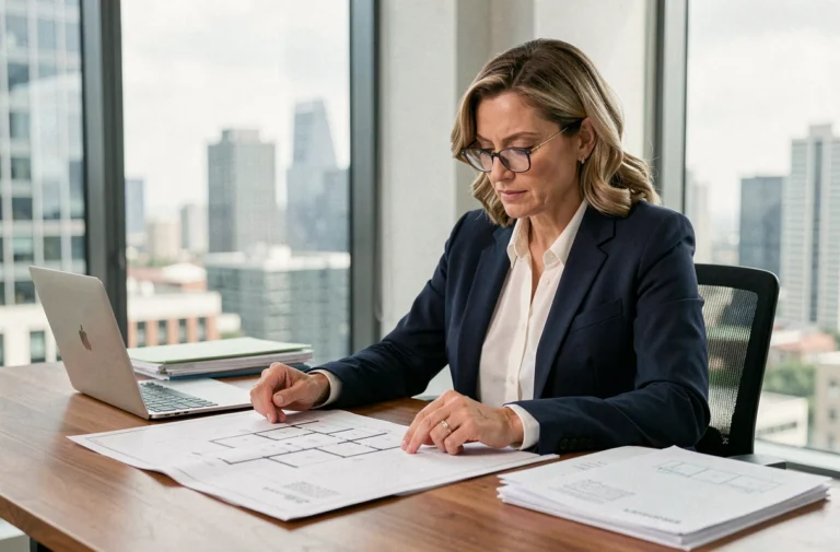 Femme professionnelle analysant des documents immobiliers dans un bureau moderne en 2024