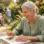 Femme senior souriante pratiquant la peinture aquarelle dans un jardin botanique, activité créative après 60 ans