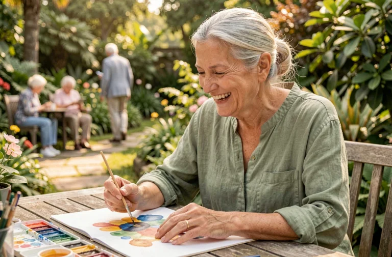 Femme senior souriante pratiquant la peinture aquarelle dans un jardin botanique, activité créative après 60 ans
