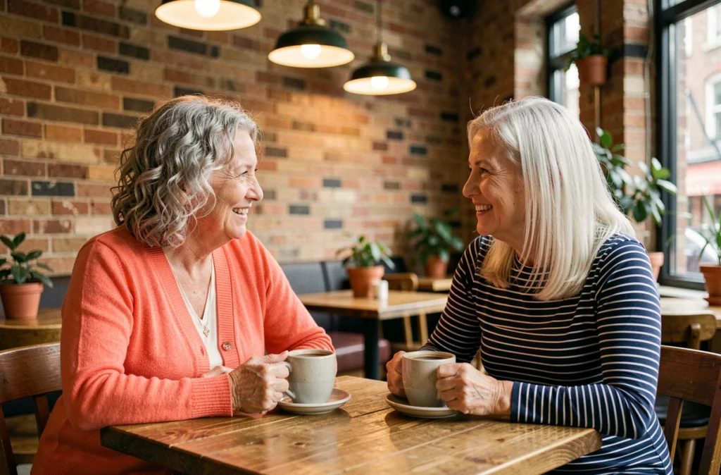 Deux femmes seniors partageant un café et discutant dans un café chaleureux, lien social et bien-être après 60 ans