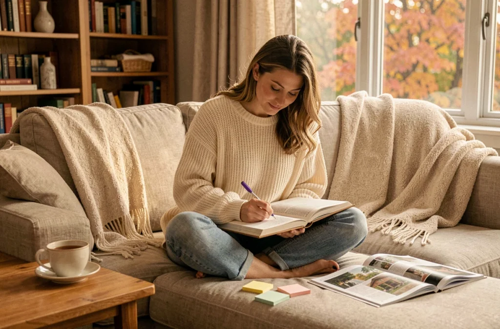 Future mariée détendue écrivant dans son journal de mariage sur un canapé en lin entouré de notes autocollantes et d'un magazine