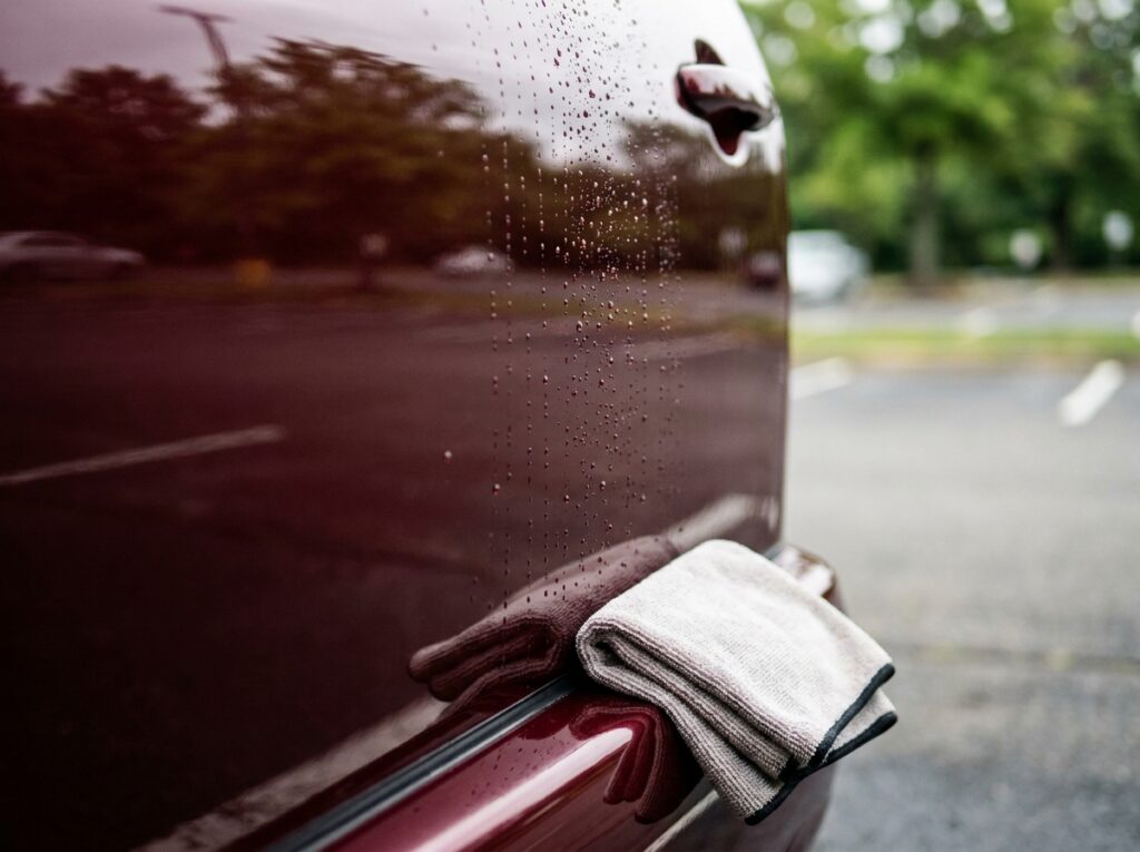 Gros plan sur des gouttelettes d'eau perlant sur une carrosserie bordeaux cirée et parfaitement entretenue