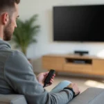 Homme connectant une clé Android TV sur un téléviseur pour regarder l'IPTV sans box opérateur
