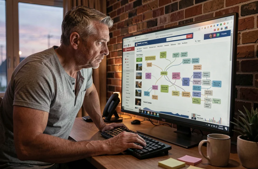 Homme utilisant un sitemap de site d'actualités sur un grand écran dans un bureau à domicile