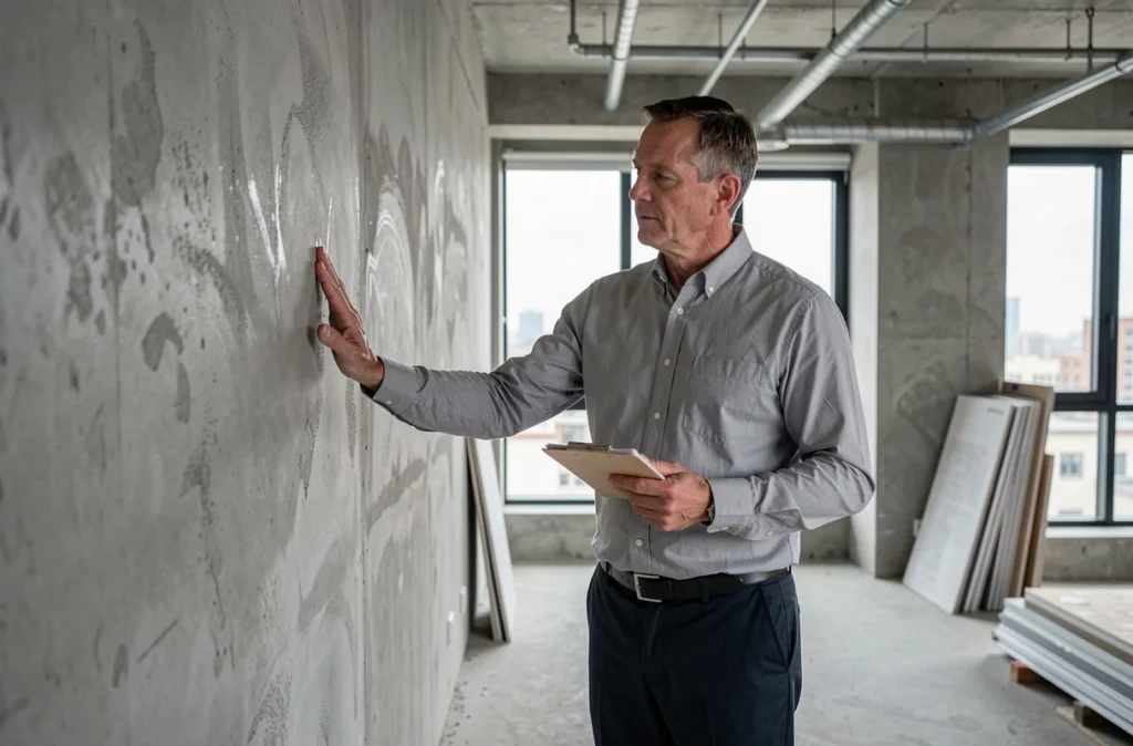 Homme inspectant un appartement en cours de rénovation lors d'une visite immobilière