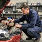 Mécanicien inspectant le réservoir de liquide de refroidissement d'une Renault Clio 3 dans un garage