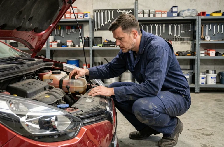 Mécanicien inspectant le réservoir de liquide de refroidissement d'une Renault Clio 3 dans un garage