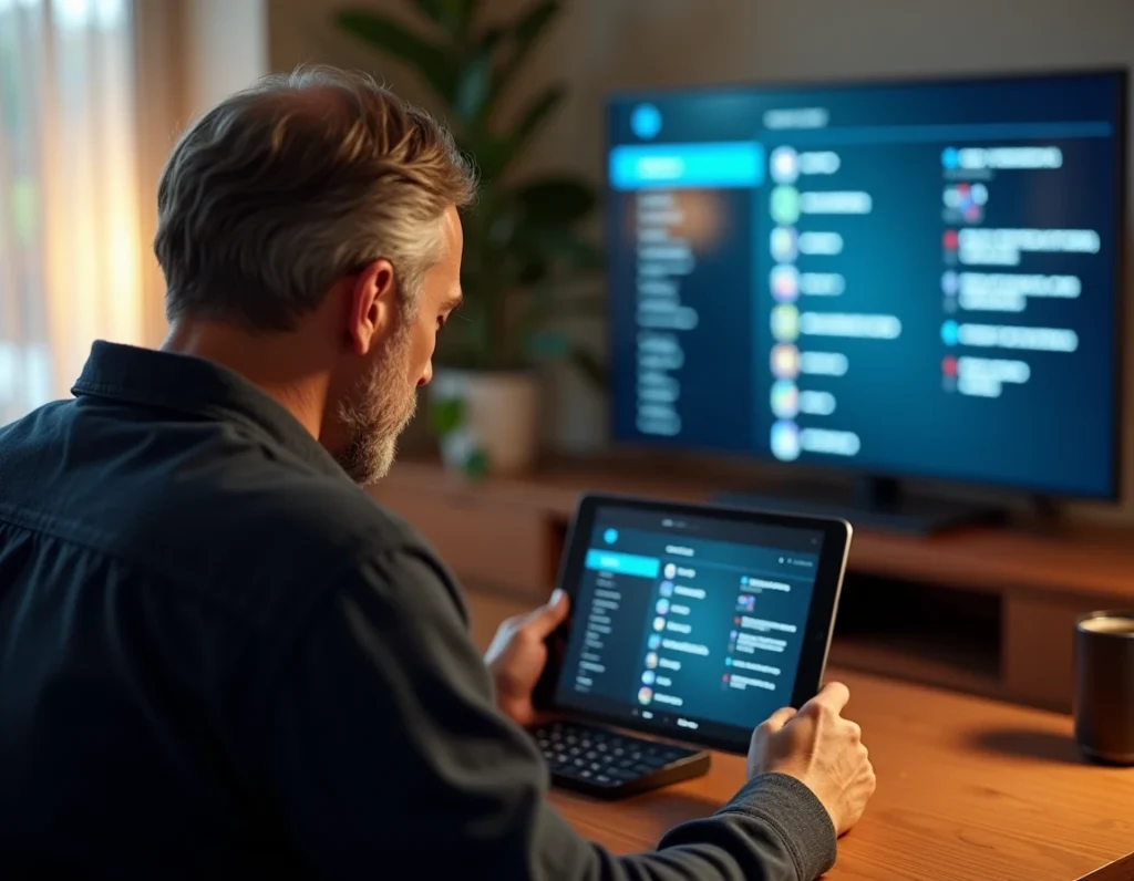 Homme utilisant une tablette pour diffuser du contenu IPTV en miroir sur un téléviseur depuis un bureau à domicile