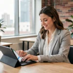 Femme professionnelle utilisant une tablette pour prendre un rendez-vous en ligne dans un espace de coworking moderne