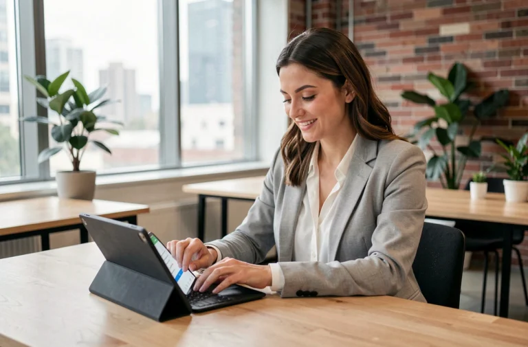 Femme professionnelle utilisant une tablette pour prendre un rendez-vous en ligne dans un espace de coworking moderne