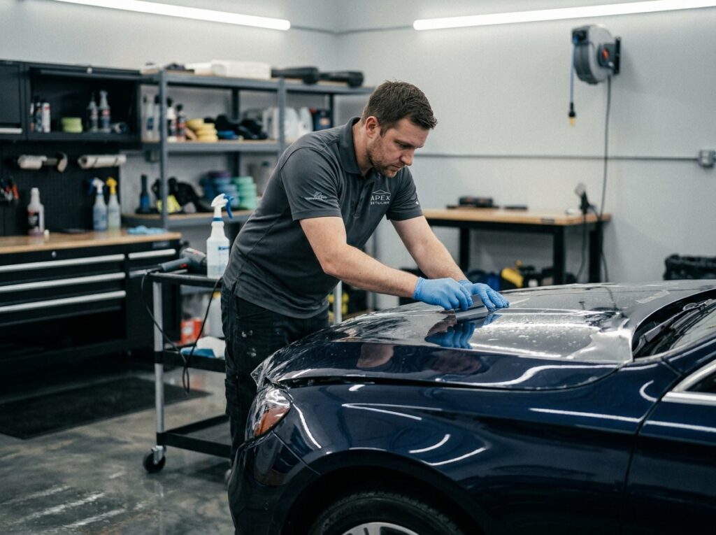 Technicien appliquant un film de protection transparent sur le capot d'une voiture dans un atelier de détailing professionnel