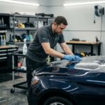 Technicien appliquant un film de protection transparent sur le capot d'une voiture dans un atelier de détailing professionnel