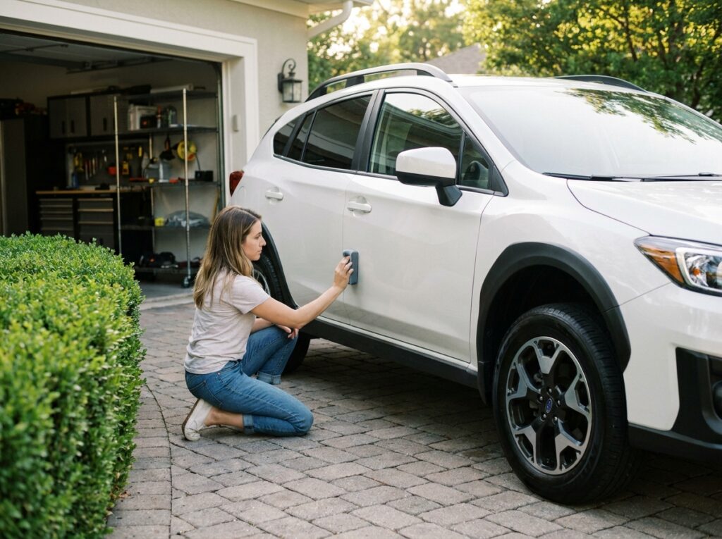 Femme appliquant un revêtement céramique sur la carrosserie blanche d'un SUV dans une allée résidentielle