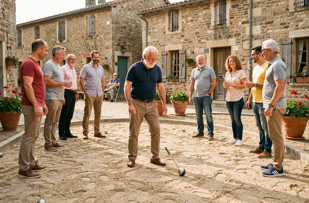 Groupe de seniors jouant à la pétanque sur une place de village française, activité sociale pour personnes de plus de 60 ans
