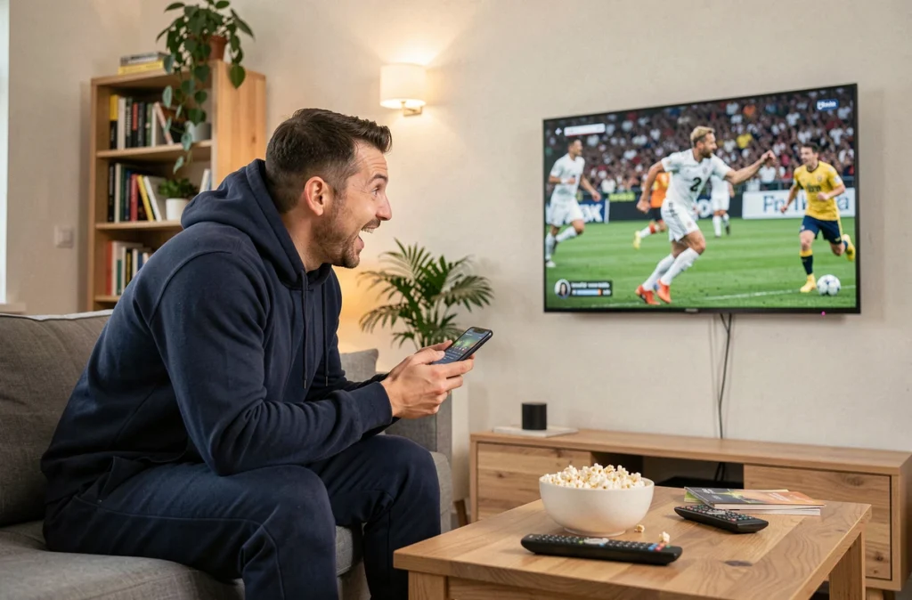 Homme regardant un événement sportif en direct sur sa télévision connectée avec son smartphone à la main